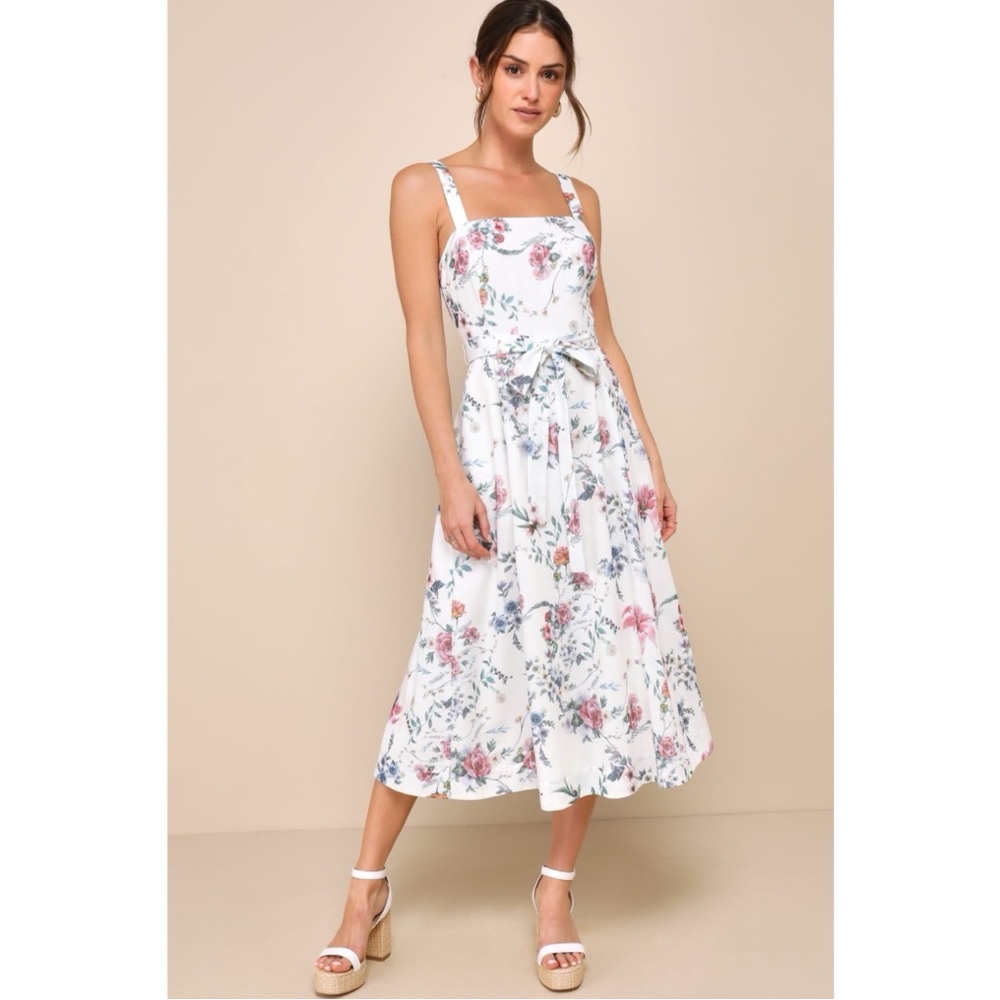 New Lulus Sunny Posture Floral Square-Neck Midi Dress - White/Pink Sz XL